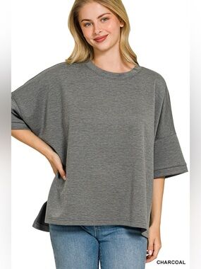 Zenana Full Size Scuba Round Neck Top With Side Slits Plus Size